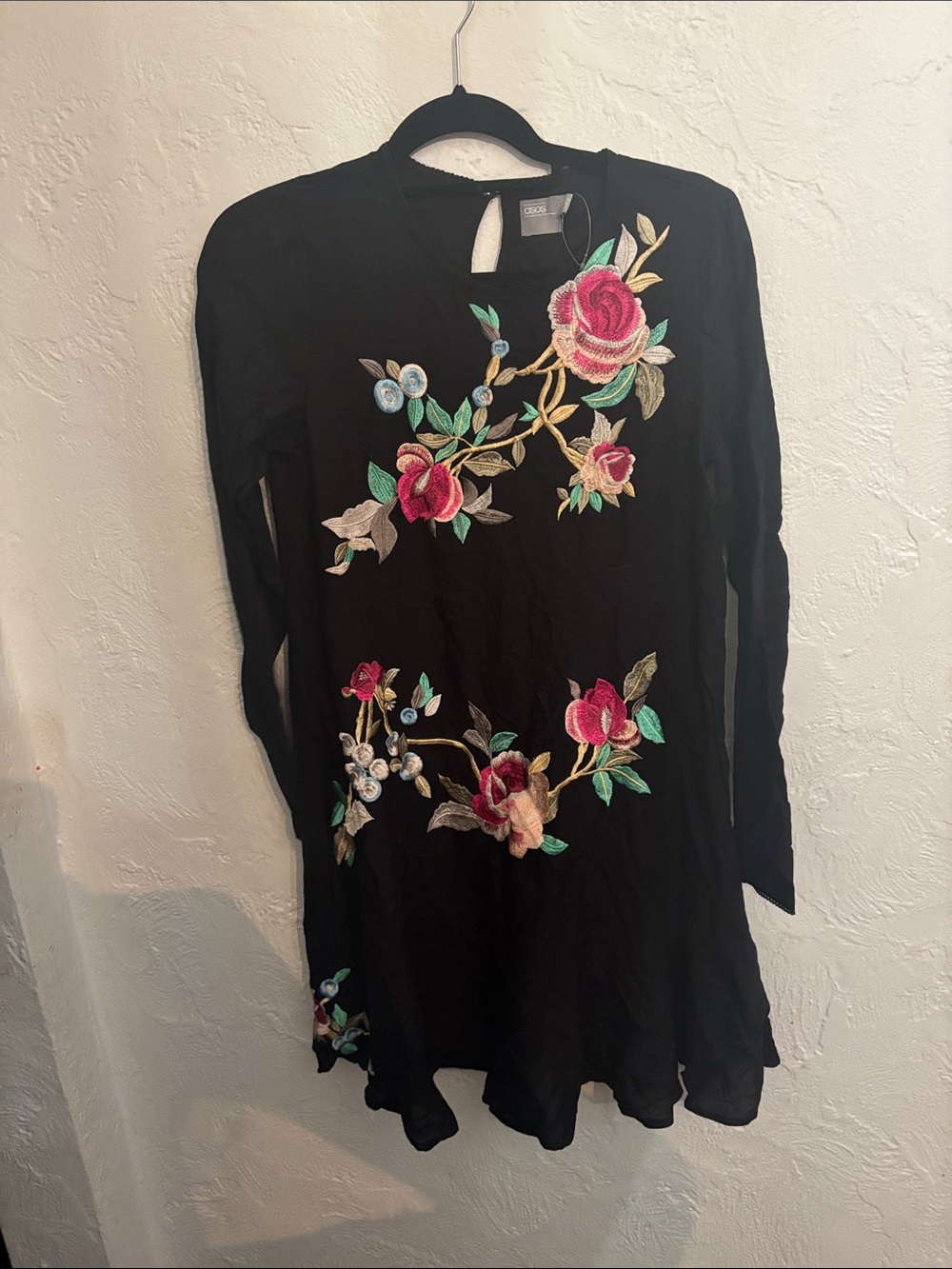 ASOS Black Long-Sleeve Tunic with Pink & Green Floral Embroidery